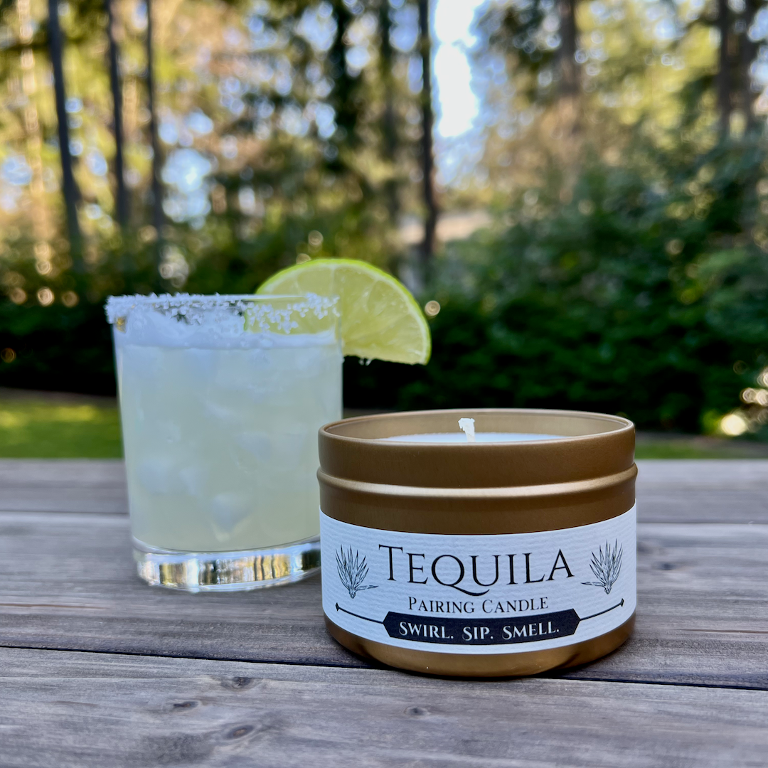 Tequila Pairing Candle next to Margarita with salted rim